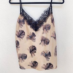 Bailey 44 Silk Cami || Color: Tan with Black Feather Design || Size: Medium